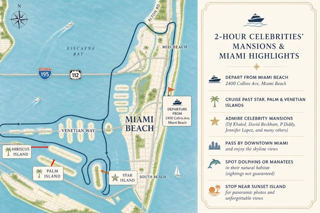 Map of the 2-hour Celebrities' Mansions and Miami Highlights boat tour route through Biscayne Bay